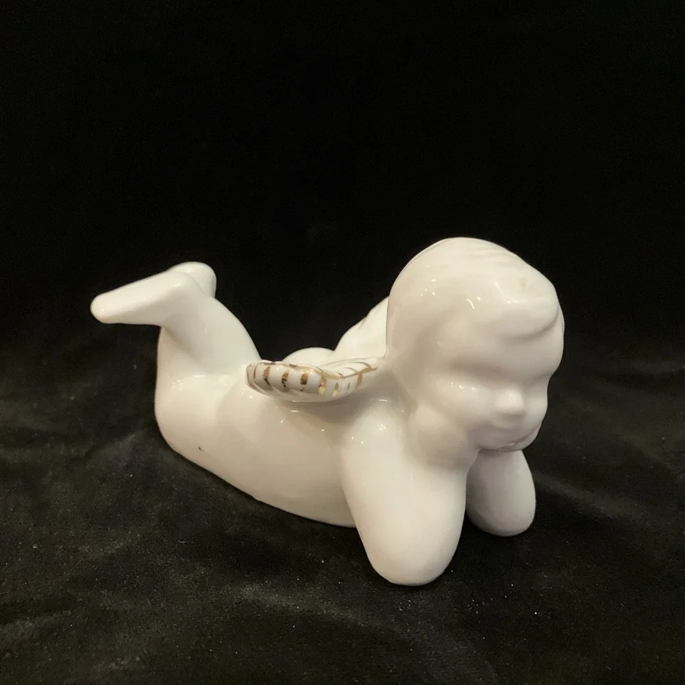 Vintage Milk White Ceramic Cherub Angel Figurine Gold Gilt Wings Precious Pose